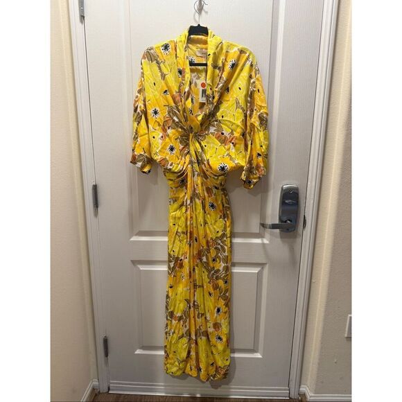 S/W/F Twist Front Plunge Midi Dress Summer Poolside Dress In Yellow Floral Weddi - Picture 3 of 6